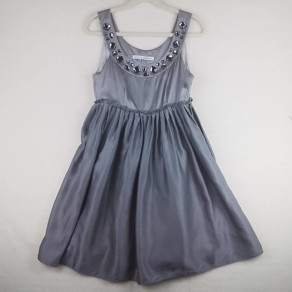 Steve Madden Silk Dress Size‎ 10 in Silver w/ Large Rhinestones